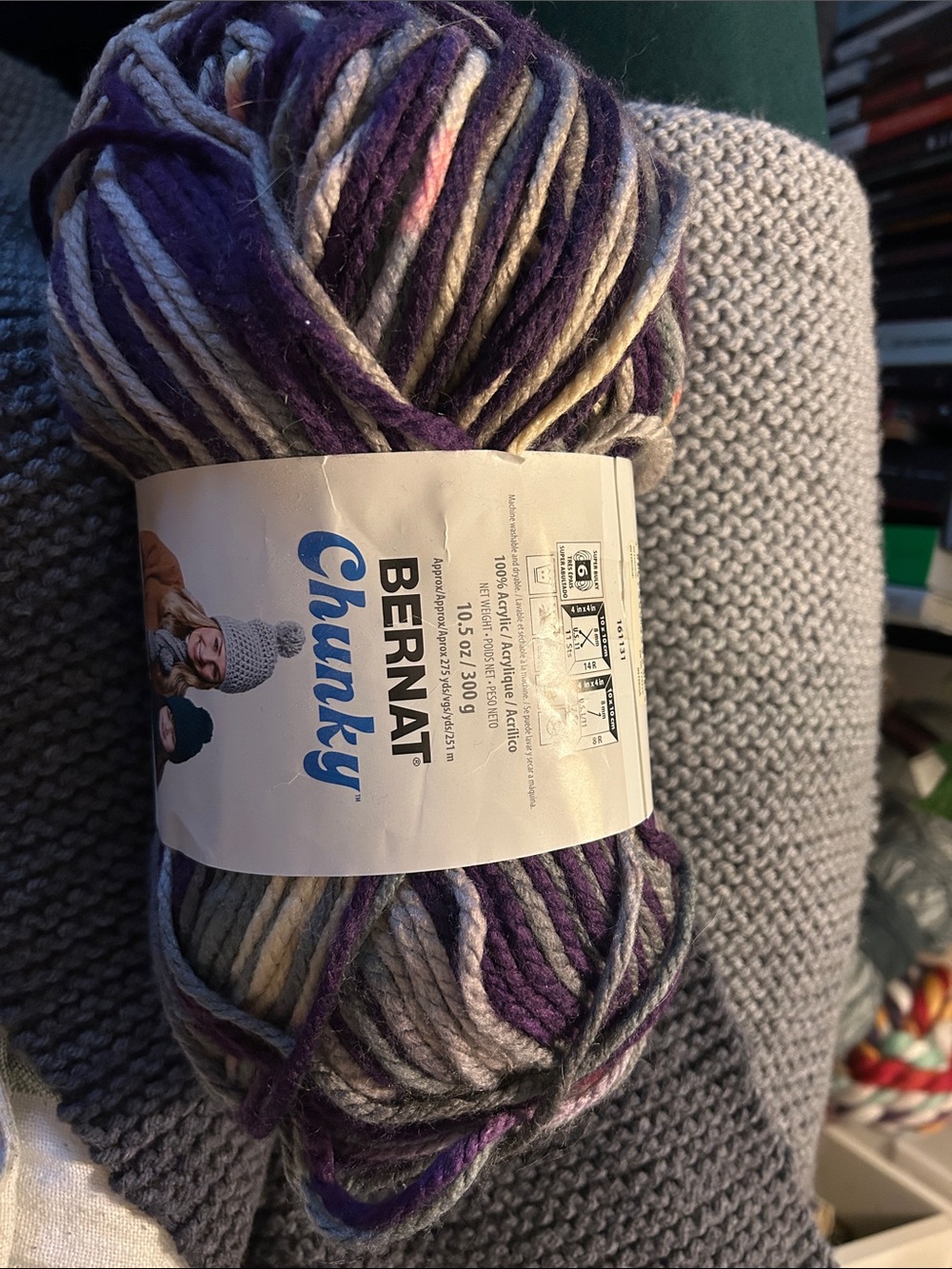 Bernat 251m Chunky Multicolored Wool-Feel Yarn — Purple & Gray Variegated